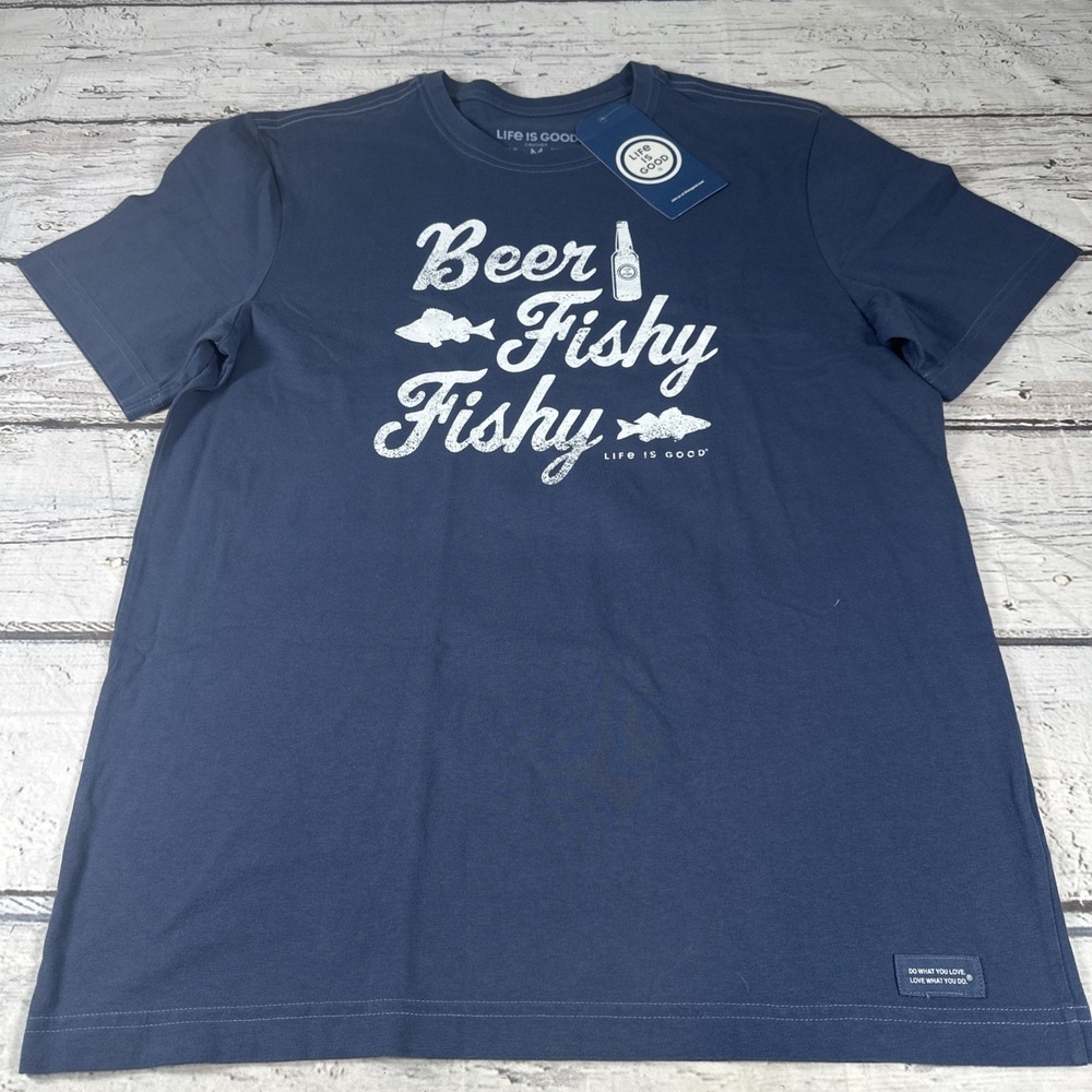 NWT Life Is Good Crusher T-Shirt Mens Size M Beer Fishy Fishy 112029 DST BLUE